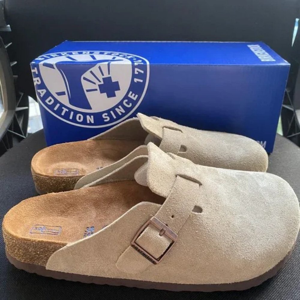 Birkenstock Boston taupe suede mule clogs